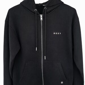 ROXY Black Zip-Up Hoodie Women’s Size S – Sun Graphic Back – Soft & Cozy
